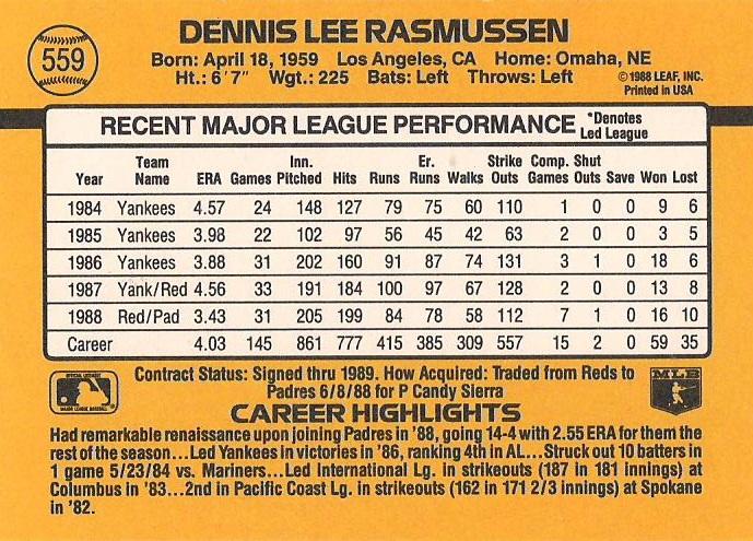Dennis Rasmussen  baseball card collectible - Main Image 2