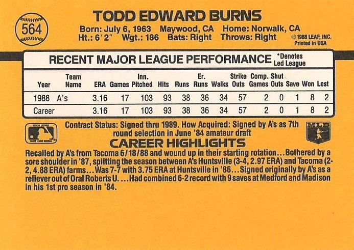 Todd Burns  baseball card collectible - Main Image 2