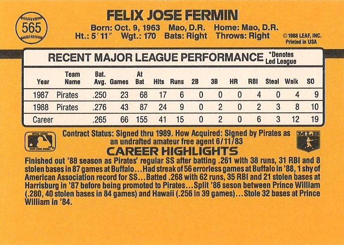 Felix Fermin  baseball card collectible - Main Image 2
