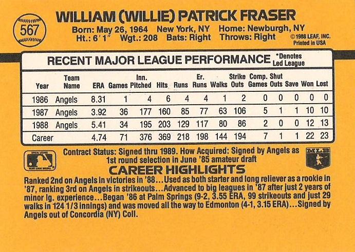 Willie Fraser  baseball card collectible - Main Image 2