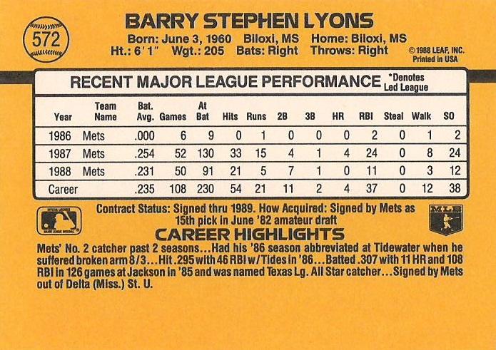 Barry Lyons  baseball card collectible - Main Image 2