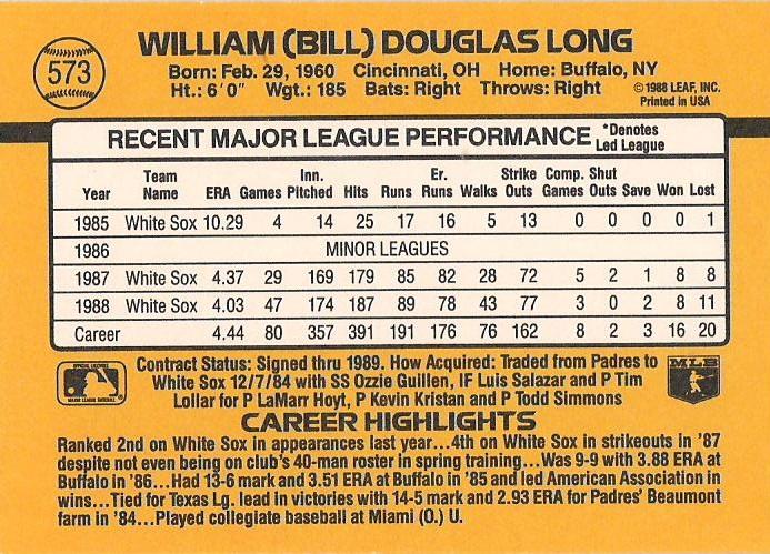 Bill Long  baseball card collectible - Main Image 2