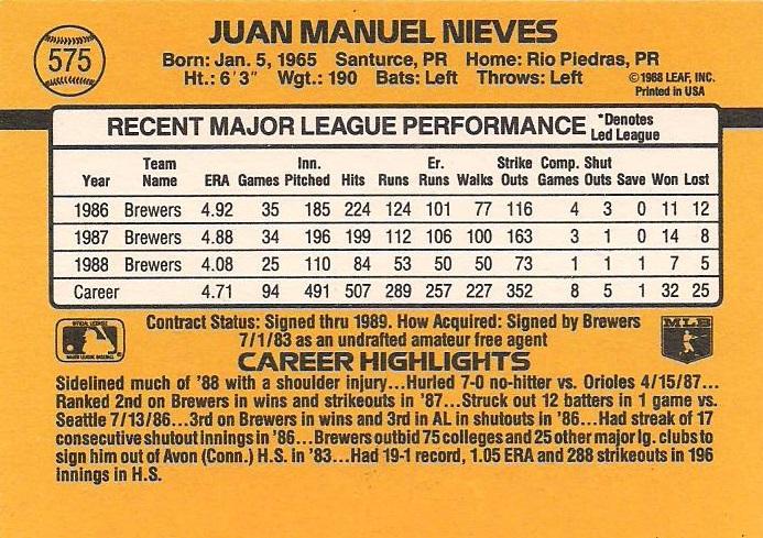 Juan Nieves  baseball card collectible - Main Image 2