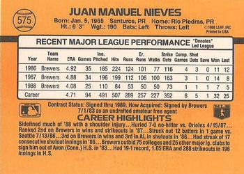 Juan Nieves  baseball card collectible - Main Image 2