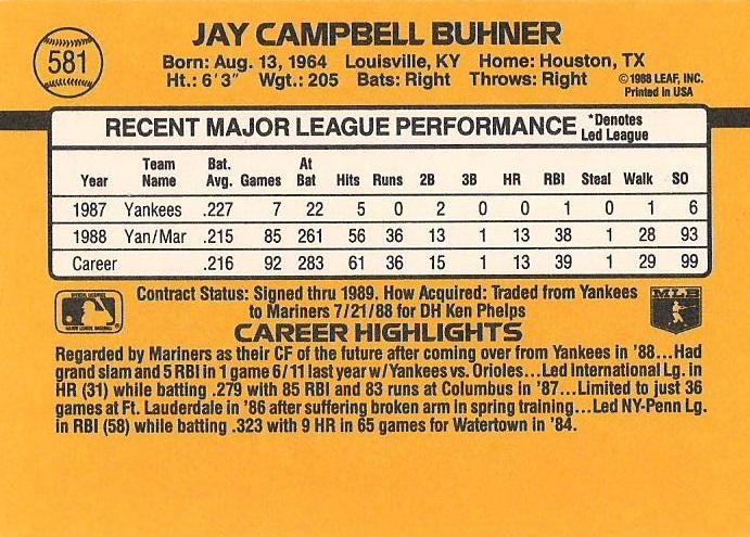 Jay Buhner  baseball card collectible - Main Image 2