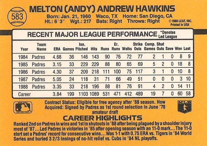Andy Hawkins  baseball card collectible - Main Image 2