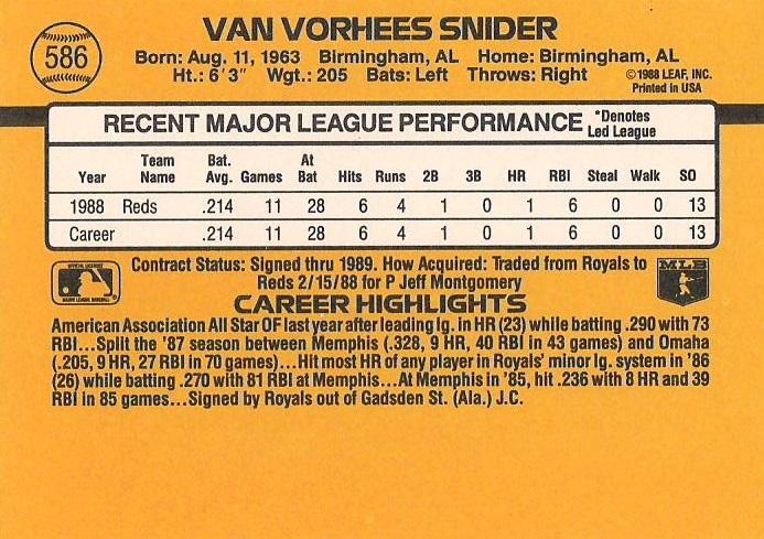 Van Snider  baseball card collectible - Main Image 2