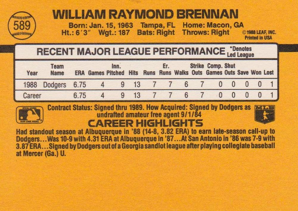 William Brennan  baseball card collectible - Main Image 2
