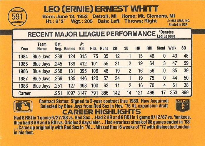 Ernie Whitt  baseball card collectible - Main Image 2