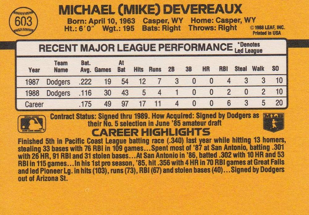 Mike Devereaux  baseball card collectible - Main Image 2