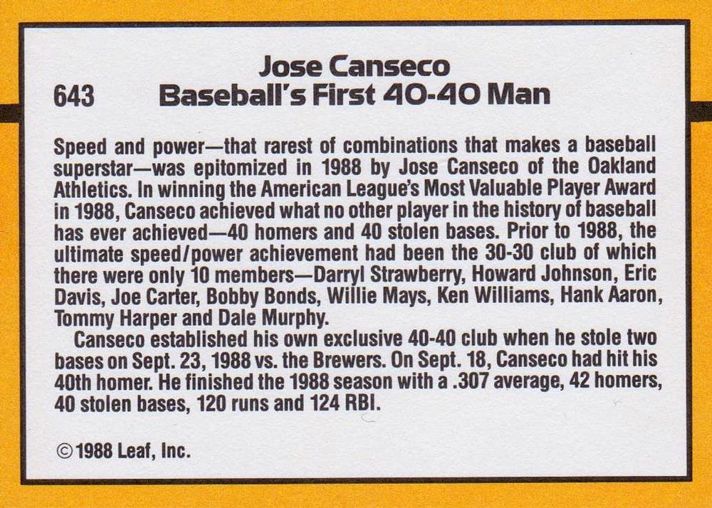 Jose Canseco  baseball card collectible - Main Image 2