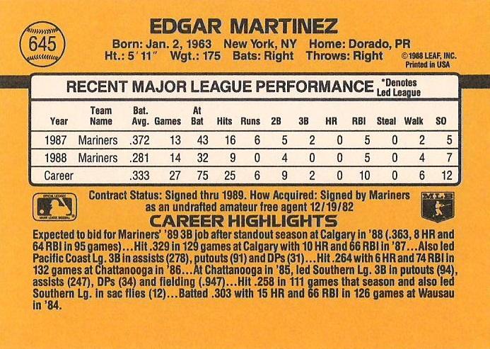 Edgar Martinez  baseball card collectible - Main Image 2