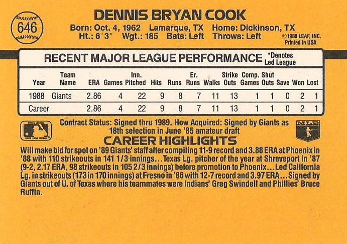 Dennis Cook  baseball card collectible - Main Image 2
