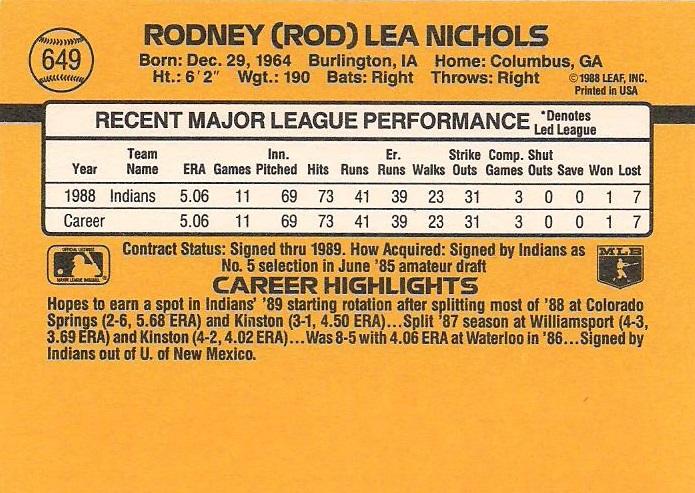 Rod Nichols  baseball card collectible - Main Image 2