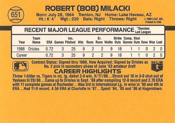 Bob Milacki  baseball card collectible - Main Image 2