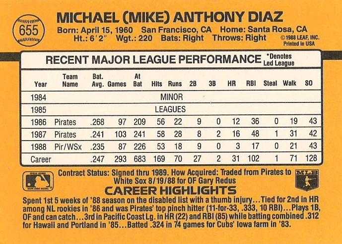 Mike Diaz  baseball card collectible - Main Image 2