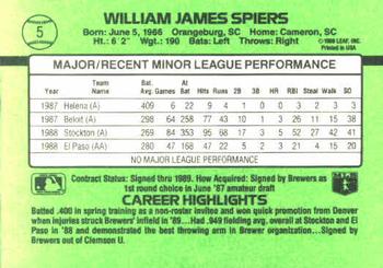 Bill Spiers  baseball card collectible - Main Image 2