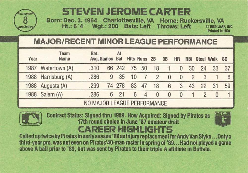 Steve Carter  baseball card collectible - Main Image 2