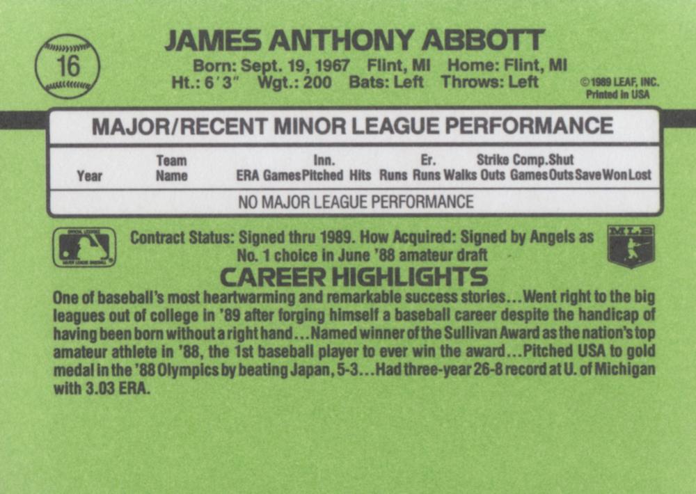 Jim Abbott  baseball card collectible - Main Image 2