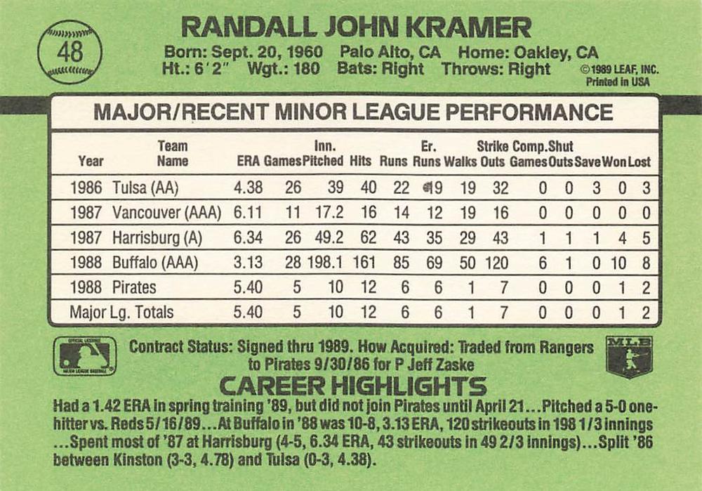 Randy Kramer  baseball card collectible - Main Image 2