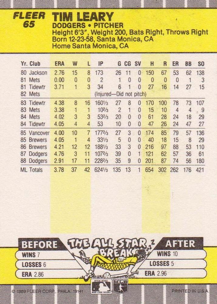 Tim Leary  baseball card collectible - Main Image 2