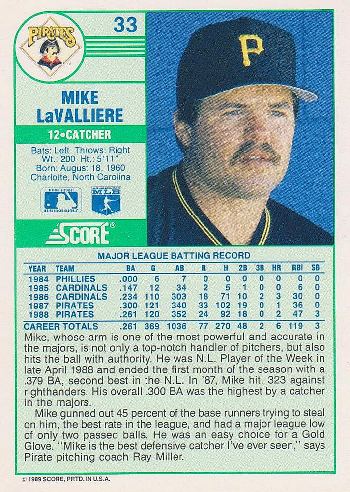 Mike LaValliere  baseball card collectible - Main Image 2