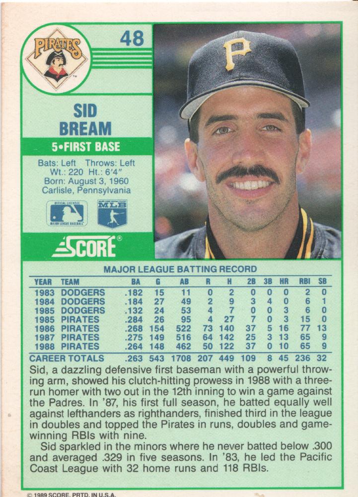 Sid Bream  baseball card collectible - Main Image 2