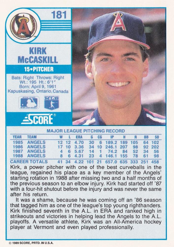 Kirk McCaskill  baseball card collectible - Main Image 2
