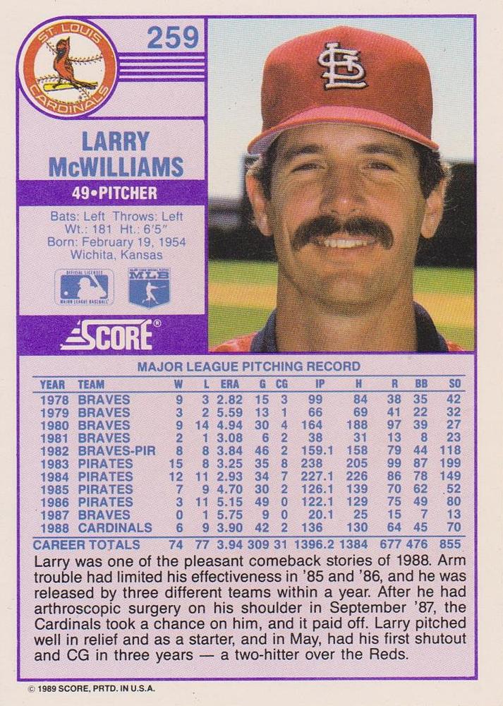 Larry McWilliams  baseball card collectible - Main Image 2