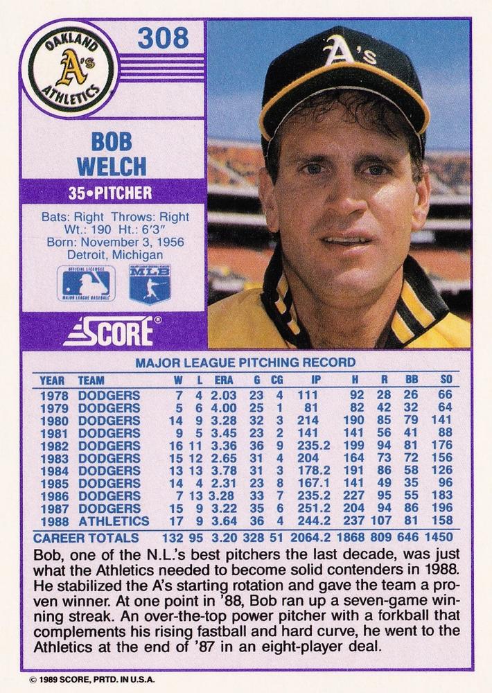 Bob Welch  baseball card collectible - Main Image 2