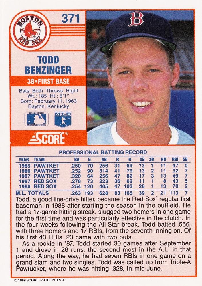 Todd Benzinger  baseball card collectible - Main Image 2