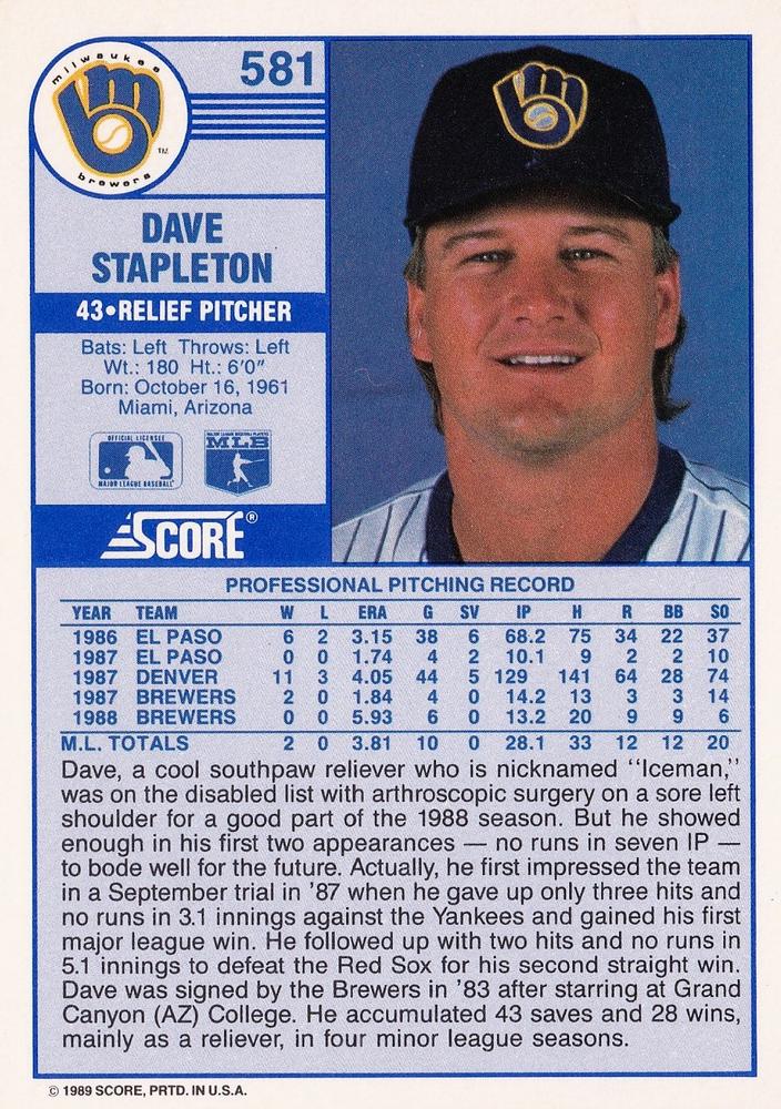 Dave Stapleton  baseball card collectible - Main Image 2