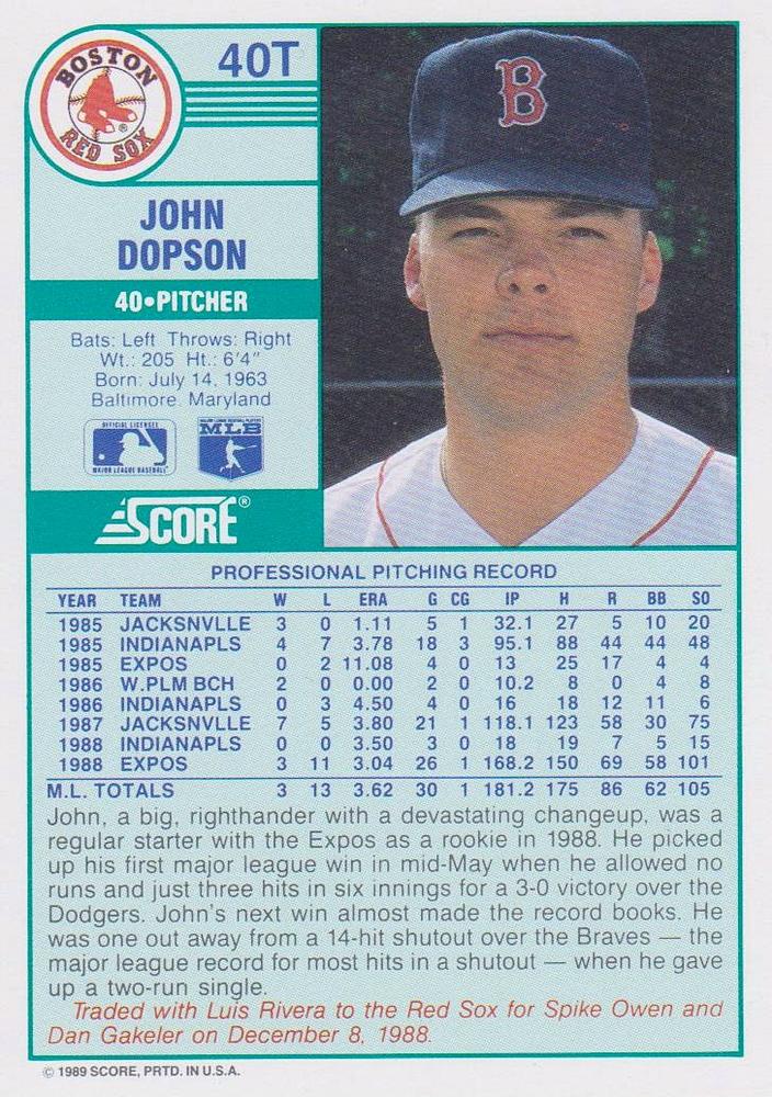 John Dopson  baseball card collectible - Main Image 2