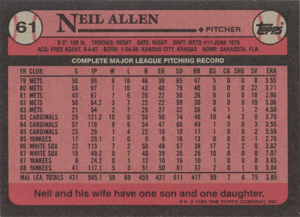 Neil Allen  baseball card collectible - Main Image 2