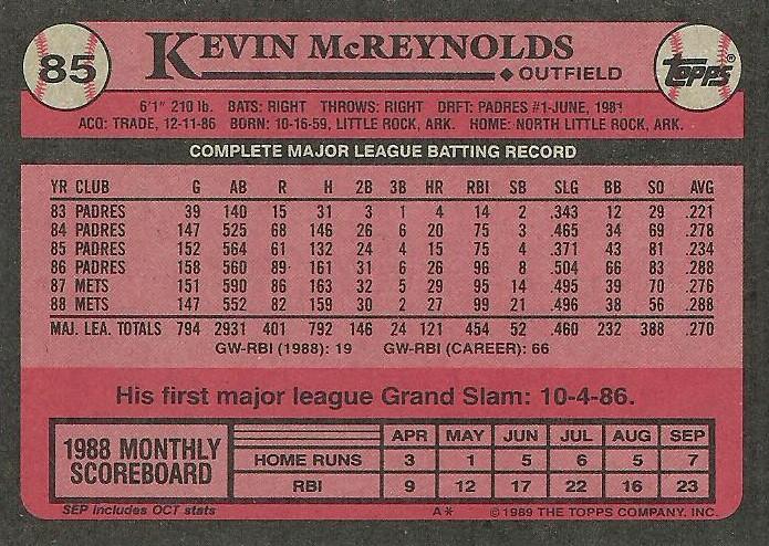Kevin McReynolds  baseball card collectible - Main Image 2