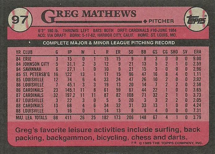 Greg Mathews  baseball card collectible - Main Image 2