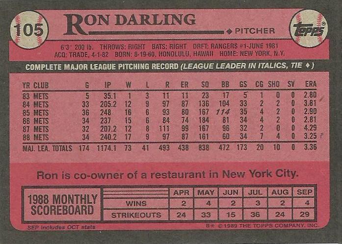 Ron Darling  baseball card collectible - Main Image 2
