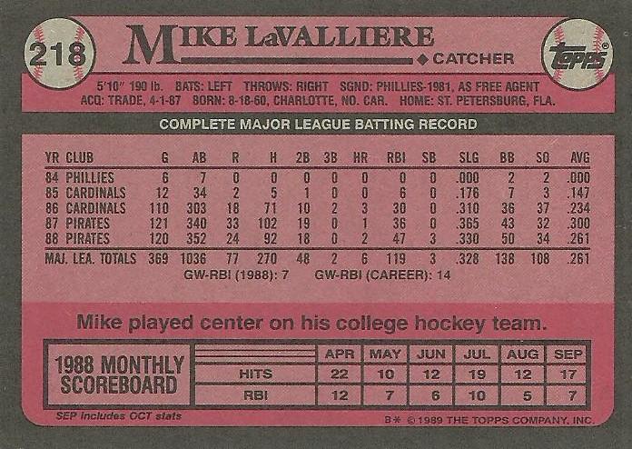 Mike LaValliere  baseball card collectible - Main Image 2