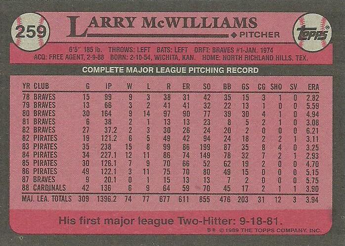 Larry McWilliams  baseball card collectible - Main Image 2