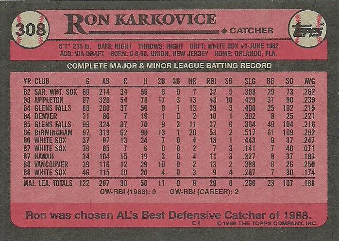 Ron Karkovice  baseball card collectible - Main Image 2