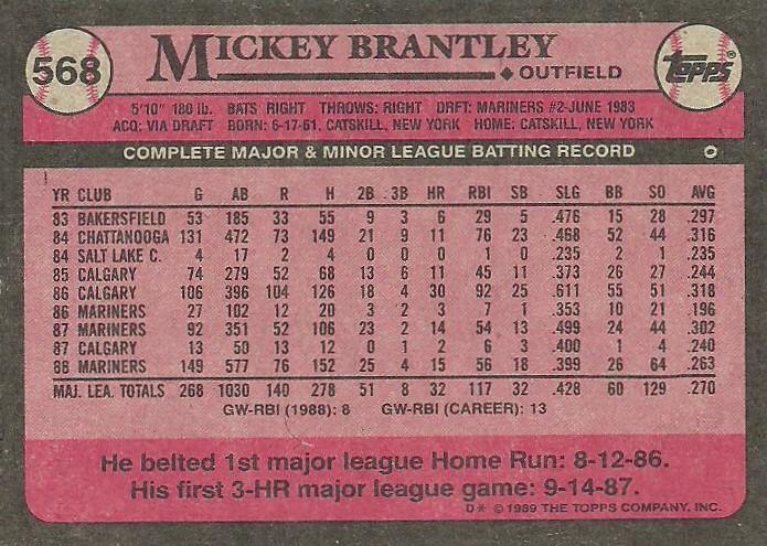 Mickey Brantley  baseball card collectible - Main Image 2