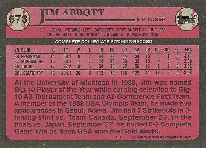 Jim Abbott  baseball card collectible - Main Image 2