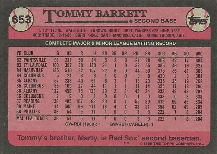 Tommy Barrett  baseball card collectible - Main Image 2