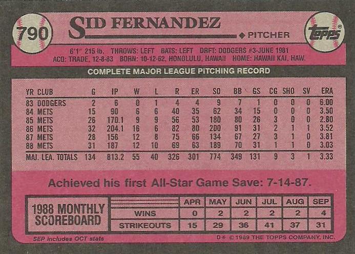 Sid Fernandez  baseball card collectible - Main Image 2