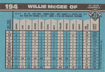 Willie McGee  baseball card collectible - Main Image 2