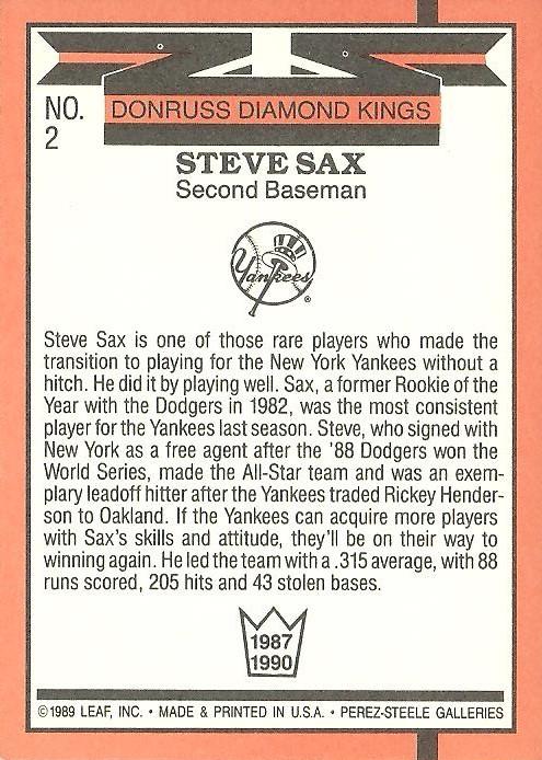 Steve Sax  baseball card collectible - Main Image 2