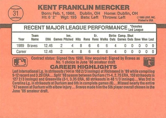 Kent Mercker  baseball card collectible - Main Image 2