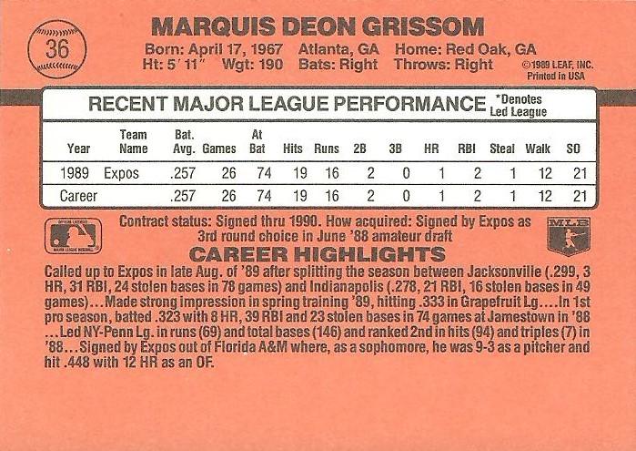 Marquis Grissom  baseball card collectible - Main Image 2
