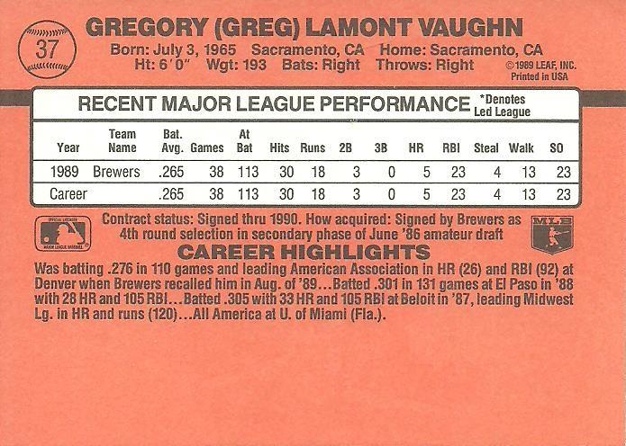 Greg Vaughn  baseball card collectible - Main Image 2