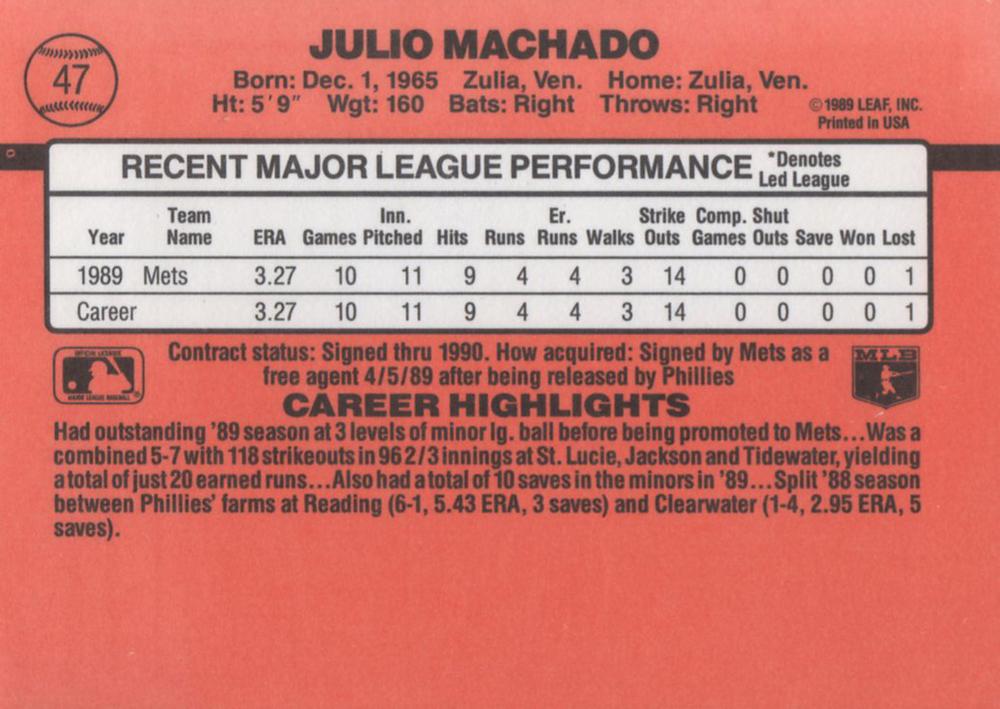 Julio Machado  baseball card collectible - Main Image 2